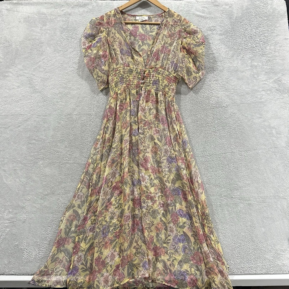 Life Love Eternity Maxi Sheer Dress Sz S Yellow Puff Sleeve Floral Coquette Ethe